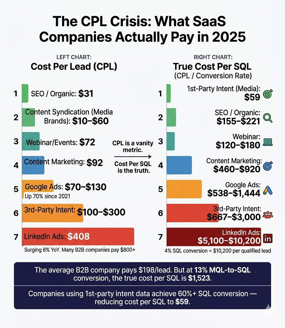 A bar chart-style infographic showing the real cost-per-lead and cost-per-SQL across 7 channels — exposing the hidden math behind ad spend that most CMOs don't calculate.
