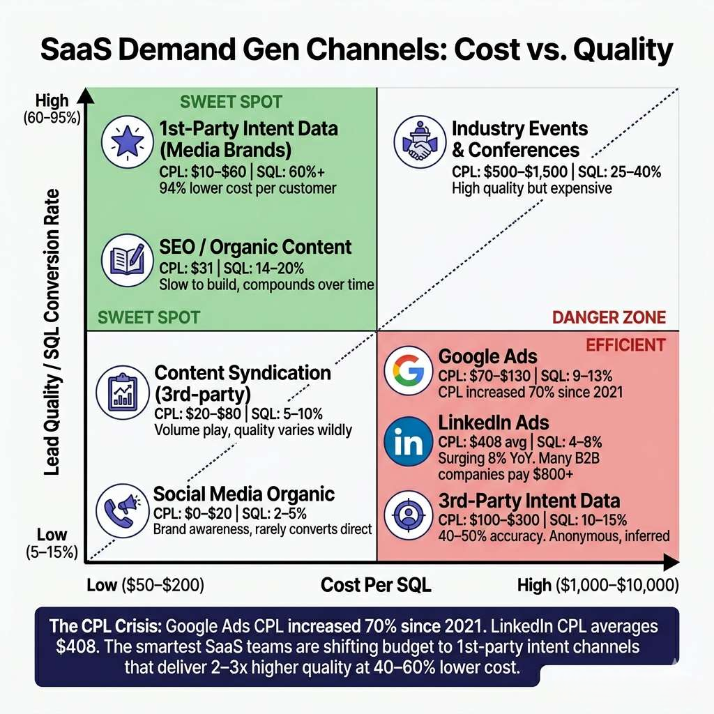 A scatter-plot-style matrix positioning 8 demand gen channels on two axes — cost per SQL (X-axis) and lead quality (Y-axis) — making the ROI case for intent-driven channels.